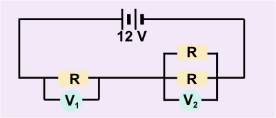 diagram of circuit with 3 resistors and 2 voltmeters. 
