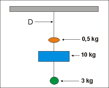Three objects of masses 0,5 kg, 10 kg and 3 kg are suspended by a light rope