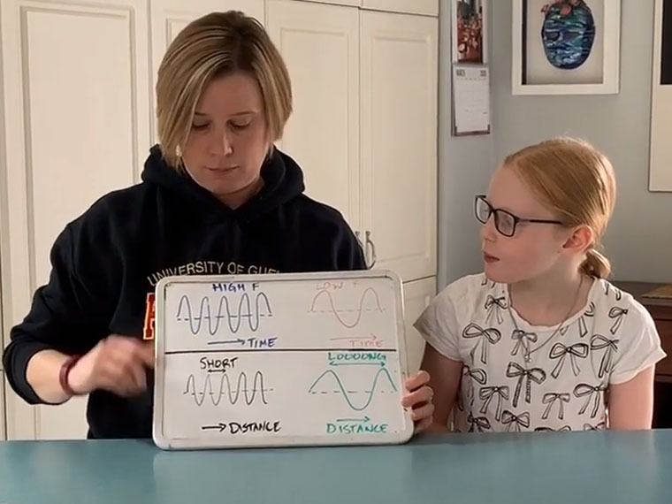 an adult and a child looking at a small white board that the adult is holding
