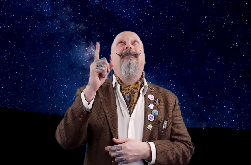 Image of a man looking and pointing up on a starry night sky background