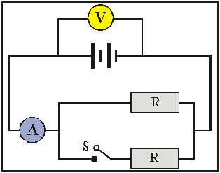 Diagram of a circuit with a switch, ammeter and two resistors