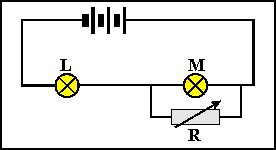 Diagram of a circuit with battery, identical bulbs and variable resistor