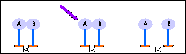 diagram  shows two metal spheres, A and B, on insulating stands, touching each other