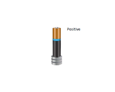 Diagram of a AA battery standing upright, negative side down on a small stack of three flat round magnets with positive end up and indicated. 