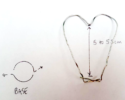 Diagram outlining the instructions above indicating the size of the heart-shaped wire and the direction of the base.